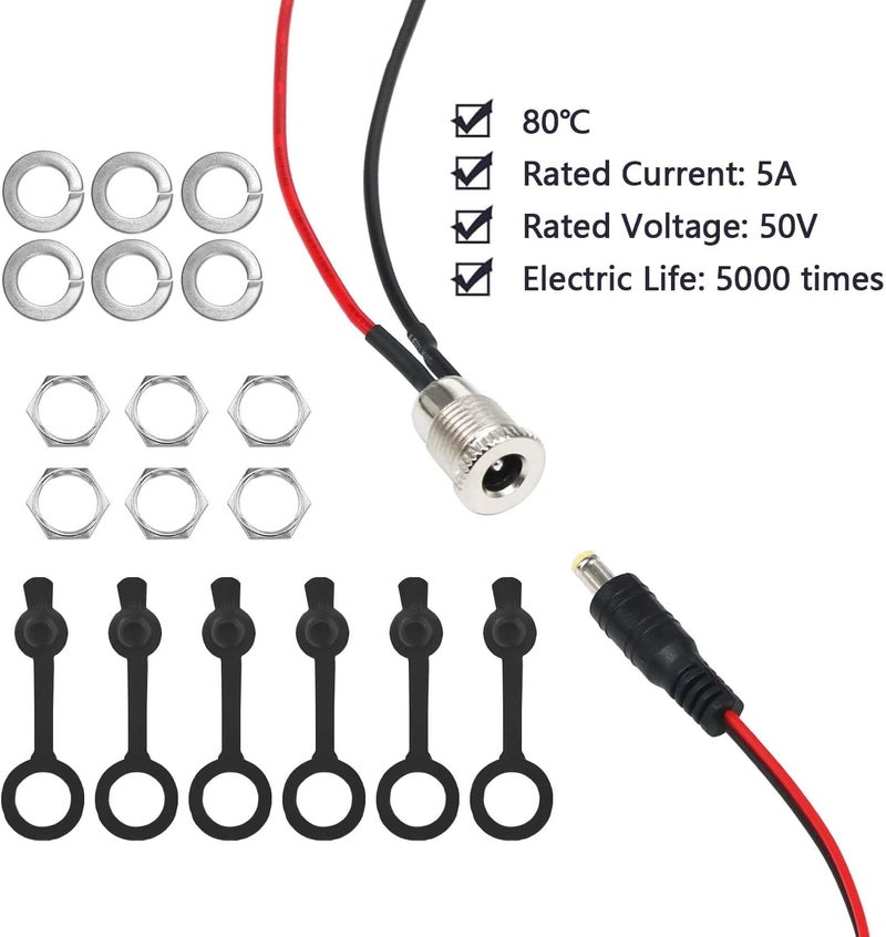 Tugermoola 6 Sets 5.5 x 2.1mm DC Power Jack Threaded Female Panel Mount Barrel Connector Adapter Kit with Cover Cap - Image 4